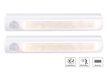 LED Schrankbeleuchtung: Luminea 2er-Set LED-Schrankleuchte, PIR- & Lichtsensor, 0,6 W, 25 Lm, 6000 K