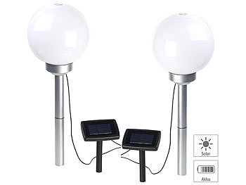 LED Gartenleuchten: Lunartec 2er-Set Solar-LED-Leuchtkugeln, rotierender Effekt, Erdspieß, Ø 20 cm