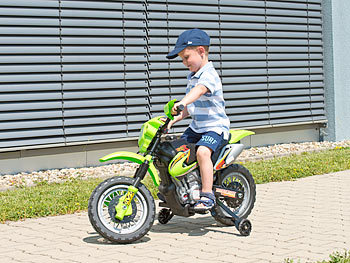 Playtastic Kinder-Elektromotorrad mit Stützrädern, Licht- & Sound-Effekte, 3 km/h