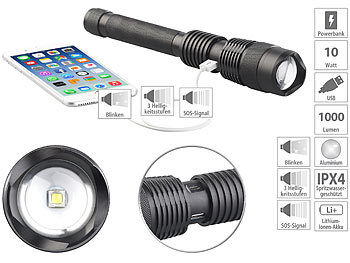 LED Akku Stablampe: KryoLights 2in1-LED-Taschenlampe und Powerbank, 3.600 mAh, 1.000 Lumen, 10 Watt