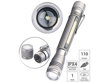 Taschenlampe aufladbar: KryoLights 2in1-Profi Akku-Pen-Light & Arbeitsleuchte mit COB-LEDs, USB, 110 lm