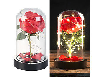 Rose im Glas: Lunartec Edle Kunst-Rose mit LED-Beleuchtung in Echtglas-Kuppel, rot