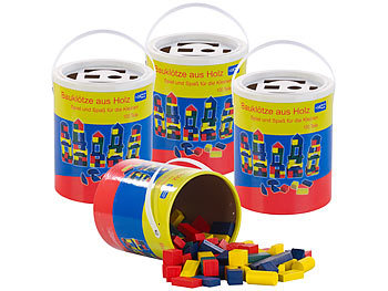Kinderspielzeuge: Playtastic 4er-Set Holzbausteine, Aufbewahrungseimer, 100 St., 4 Farben, 6 Formen