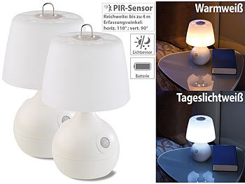 Nachttischlampe kabellos: Lunartec 2er-Set LED-Tischlampe, PIR- & Licht-Sensor, warm- & tageslichtweiß