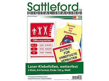 Klebepapier: Sattleford 5 Klebefolien wetterfest A4 für Laserdrucker weiß