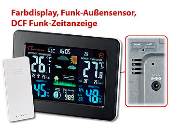 infactory Wetterstation mit Farb-Display, Funk-Außensensor, DCF-Funk-Zeitanzeige