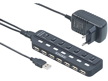 USB Steckerleiste: Xystec Aktiver USB-2.0-Hub mit 7 Ports, einzeln schaltbar, 2-A-Netzteil