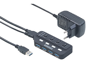 USB3 Hub: Xystec Aktiver USB-3.0-Hub mit 4 Ports, einzeln schaltbar, 2-A-Netzteil