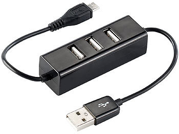 PEARL USB-2.0-Hub mit 3 USB-Typ-A-Ports und Micro-USB-Ladekabel