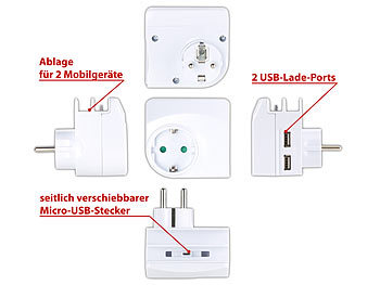 revolt 4in1-Steckdose, 2x USB, 1x Micro-USB, Smartphone-Ablage, 2,1 A, 10,5 W