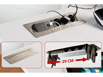 revolt Versenkbare Profi-Einbau-Tisch-Steckdose, 3-fach, 2x USB, Edelstahl