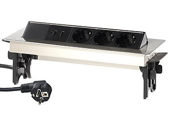 revolt Versenkbare Profi-Einbau-Tisch-Steckdose, 3-fach, 2x USB, Edelstahl
