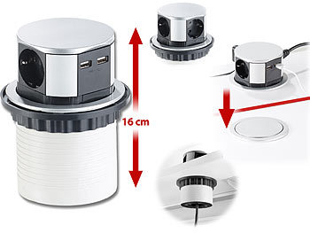 Tischsteckdose mit USB: revolt Versenkbare Einbau-Tisch-Steckdose, 3-fach, 2x USB, Ø 100 mm, weiß