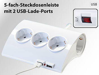 Steckerleiste USB: revolt 5-fach-Tisch-Steckdosenleiste mit 2 USB-Ports, auch zur Wandmontage