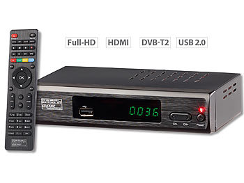 Receiver mit Tuner für Digitales Fernsehen: auvisio DVB-T2-Receiver mit H.265/HEVC für Full-HD-TV, HDMI & SCART, LAN, USB