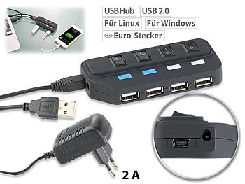 Xystec Aktiver USB-2.0-Hub mit 4 Ports, einzeln schaltbar, 2-A-Netzteil