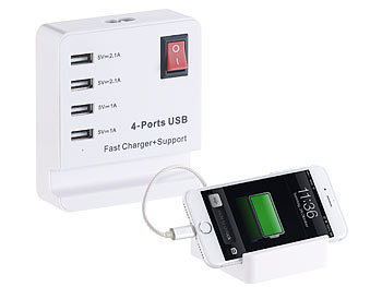 USB Ladestation: revolt USB-Netzteil mit Smartphone-Ablage, 4 Ports: 2x 2,1 A, 2x 1 A