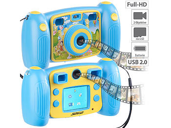 Fotoapparat Kinder: Somikon Kinder-Full-HD-Digitalkamera, 2. Objektiv für Selfies & 2 Sucher, blau