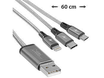 Ladekabel USB: Callstel 3in1-Schnellladekabel: Micro-USB, USB Typ C & Lightning, Textil, 60 cm