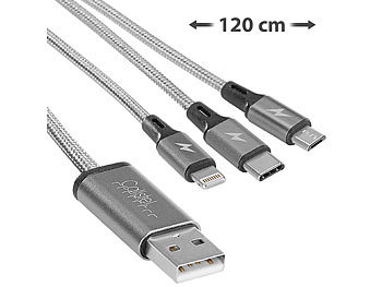 All-in-One USB-Kabel: Callstel 3in1-Schnellladekabel: Micro-USB, USB Typ C & Lightning, Textil, 120cm