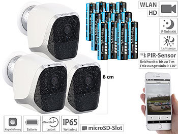 WLAN Kamera Akku: VisorTech 3er-Set IP-HD-Überwachungskameras mit App, IP65, 12 Akkus