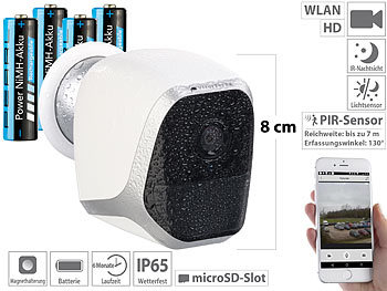 WLAN Kamera Akku: VisorTech IP-HD-Überwachungskamera mit App, IP65, bis 6 Monate Stand-by, 4 Akkus