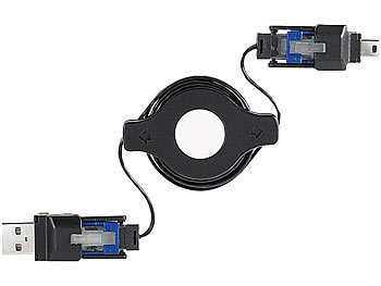 Xystec 3in1-USB-Kabeltrommel: Mini-USB/RJ45/für iPhone