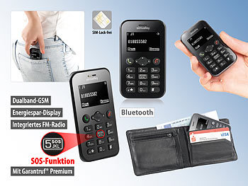 simvalley Mobile Scheckkarten-Handy Pico RX-486 mit BT, Garantruf, GPS