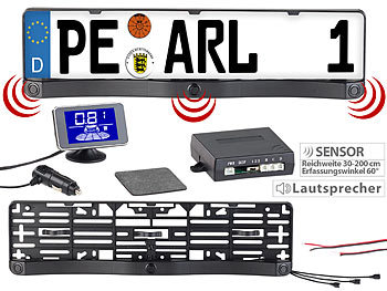 Rückfahrwarner: Lescars Funk-Ultraschall-Einparkhilfe in Kennzeichen-Halter, mit LCD-Display