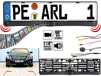 Kennzeichen Kamera: Lescars Rückfahrkamera & Einparkhilfe mit Abstandswarner, Nummernschildhalter