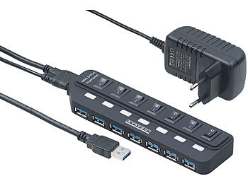 USB Leiste: Xystec Aktiver USB-3.0-Hub mit 7 Ports, einzeln schaltbar, 2-A-Netzteil