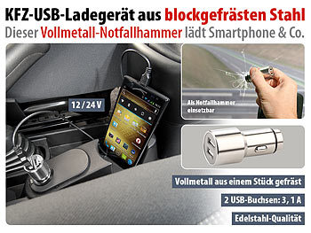 revolt Kfz-USB-Ladegerät aus blockgefrästem Edelstahl, 12 /24 V, 3,1 A