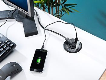 revolt Aktiver 3-fach-USB-3.0-Hub für Tisch-Einbau, mit Steckdose, 80 mm