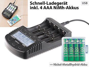 Akku Ladegeräte: tka Hochleistungs-Schnell-Ladegerät mit Display und 4 NiMH-Akkus Typ AAA
