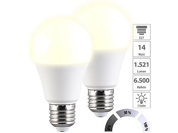LED Birnen: Luminea 2er-Set LED-Lampen mit 3 Helligkeits-Stufen, 14 W, 1.521 lm, 3000 K, F