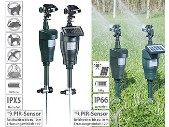 Bewegungsmelder Wasser: Royal Gardineer Wasserstrahl-Tierschreck mit PIR-Sensor, Batterie & Solar