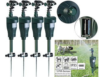 Tierschreck als Wassersprinkler mit Bewegungssensor Spritzen: Royal Gardineer 4er-Set Wasserstrahl-Tierschrecke, PIR-Sensor, Batteriebetrieb, 120 m²
