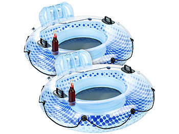 Pool-Sessel: infactory 2er-Set aufblasbare Schwimmringe mit Rückenlehne und Getränkehalter