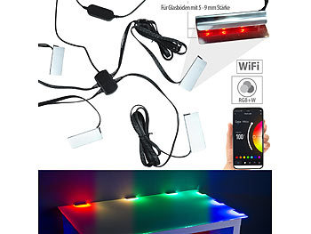 LED Glaskantenbeleuchtung: Luminea Home Control WLAN-LED-Glasbodenbeleuchtung, 4 Klammern mit 12 RGBW-LEDs, App