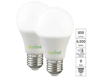 LED E27 mit Bewegungsmelder: Luminea 2er-Set LED-Lampen, Bewegungssensor, E27, 9 W, 850 lm, tageslichtweiß
