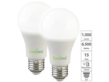 LED mit Bewegungsmelder: Luminea 2er-Set LED-Lampen mit Radar-Sensor, E27, 15 Watt, 1.500 lm, F, 6500 K