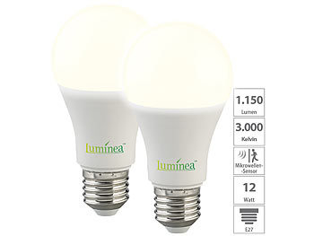 LED-Beleuchtung E27: Luminea 2er-Set LED-Lampen mit Radar-Sensor, E27, 12 Watt, 1.150 lm, F, 3000 K