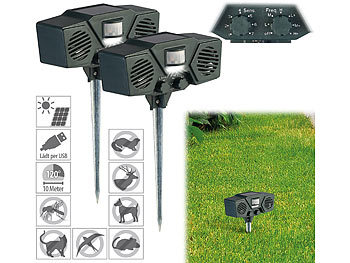 Universal-Tierschreck: Exbuster 2er-Set Duo-Ultraschall-Solar-Tierschreck, Blitzlicht, Bewegungssensor
