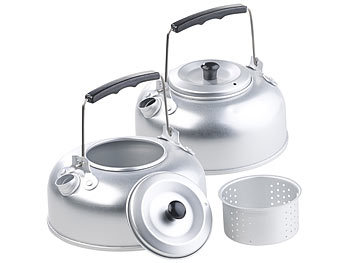 Camping Koch-Geschirr: Semptec 2er-Set Camping-Kessel aus Aluminium mit Tee-Sieb und Griff, je 0,75 l