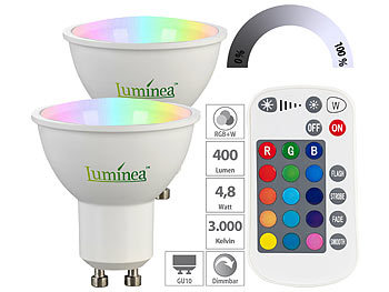 GU10 RGB: Luminea 2er-Set LED-Spots GU10, RGBW, 4,8 W (ersetzt 40 W), 400 lm, dimmbar