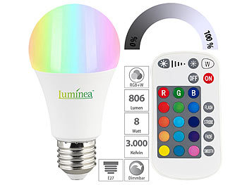 RGB LED: Luminea LED-Lampe E27, RGBW, 8 W (ersetzt 75 W), 806 Lumen, dimmbar