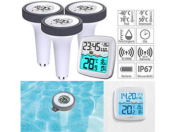 Poolthermometer Wireless: infactory 3er-Set digitale Teich- & Pool-Thermometer inkl. Funk-Empfänger, IP67