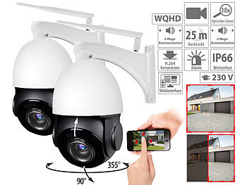 Überwachung Kamera WLAN: 7links 2er-Set PTZ-IP-Überwachungskameras mit 2K, 18x-Zoom, WLAN, App, 360°