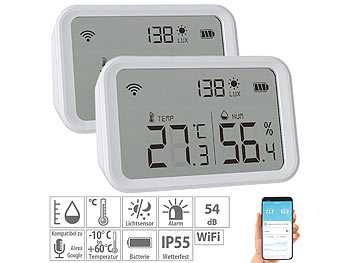 Smart Thermometer: Luminea Home Control 2er-Set 3in1-WLAN-Sensoren: Temperatur, Luftfeuchtigkeit & Helligkeit