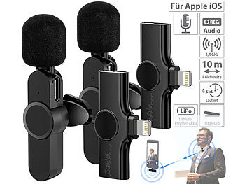 iPad Mikrofon: Callstel 2er-Set Mini-Funkmikrofone für iPhone & iPad, 2,4 GHz, 48 kHz